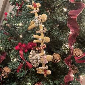 Vintage String Of 5 Fabric Gingerbread Man & Candy Canes Christmas Ornaments